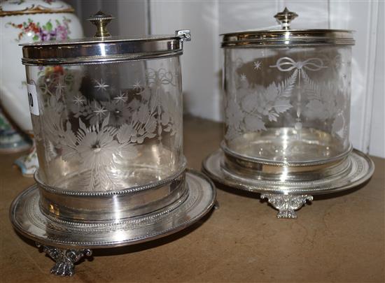 Pair plated & glass biscuit barrels